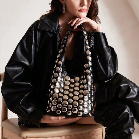 Women's Metal Stud contemporary black Bucket Bag - Picture 2 of 9